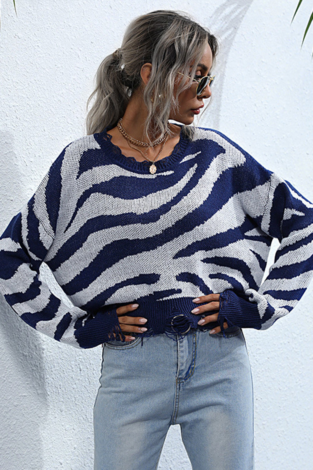 Damen-Strickpullover, runder Ausschnitt, gestreiftes Muster, Polyester, langärmelig-3