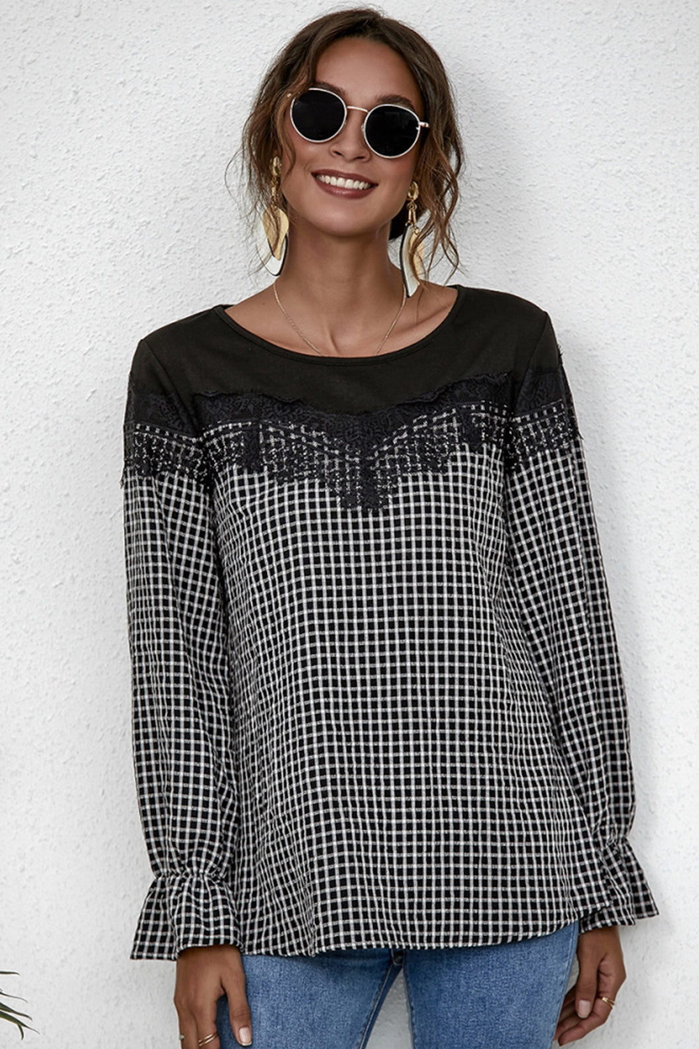Langarm-Damenhemd aus Polyester mit Patchwork-Details – lockere Passform und Rundhalskragen 3