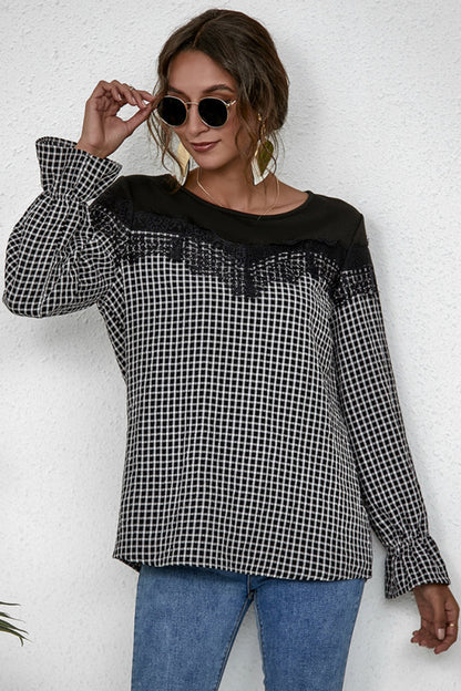 Langarm-Damenhemd aus Polyester mit Patchwork-Details – lockere Passform und Rundhalskragen 4