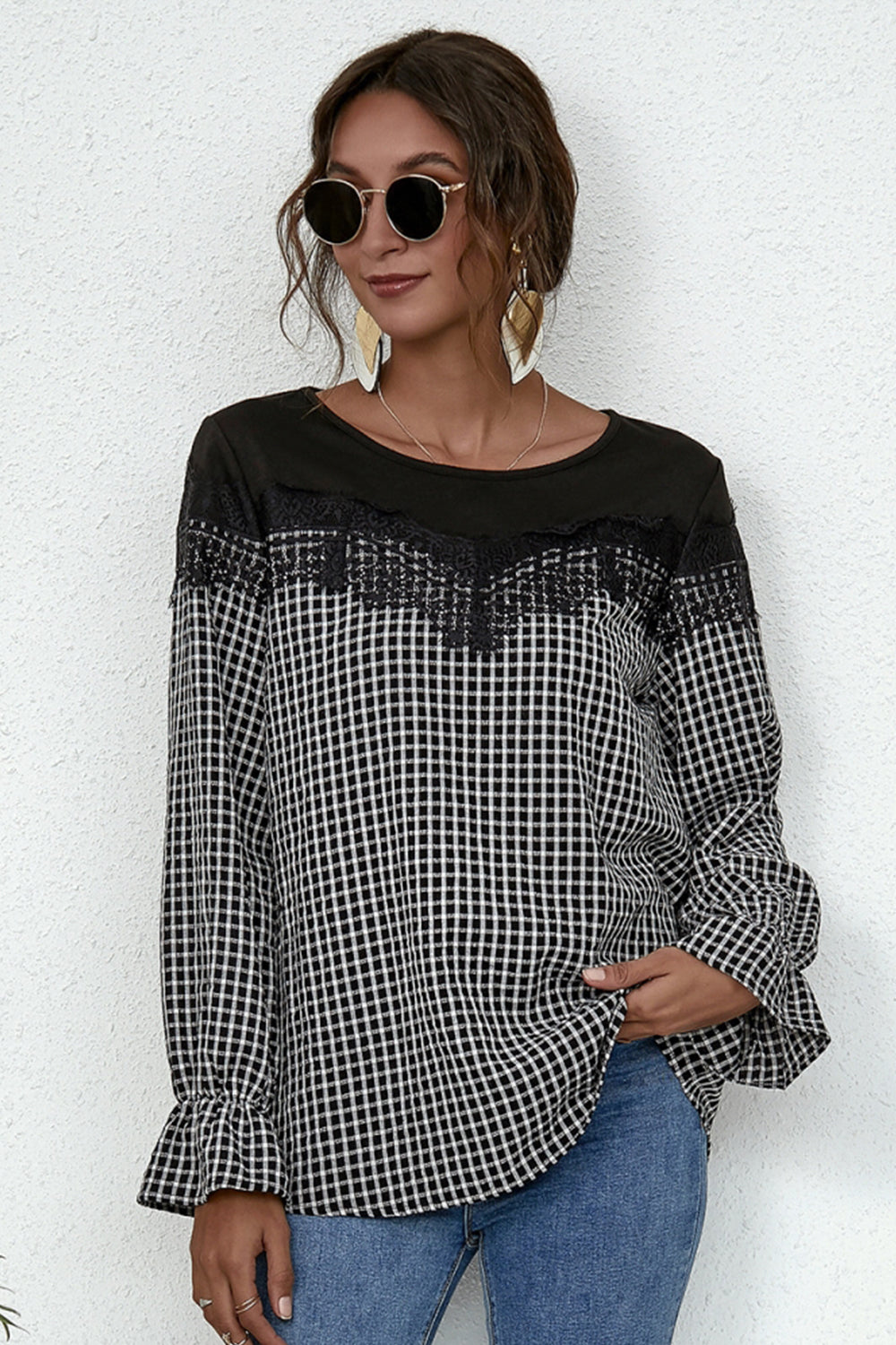 Langarm-Damenhemd aus Polyester mit Patchwork-Details – lockere Passform und Rundhalskragen 5