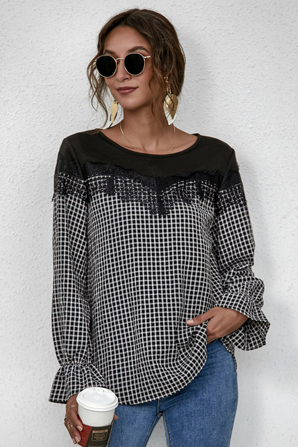 Langarm-Damenhemd aus Polyester mit Patchwork-Details – lockere Passform und Rundhalskragen 6