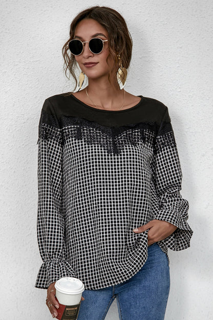 Langarm-Damenhemd aus Polyester mit Patchwork-Details – lockere Passform und Rundhalskragen 6