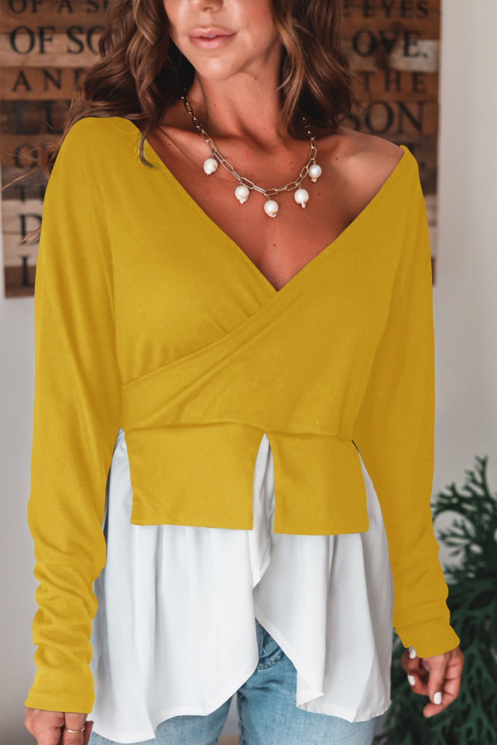 Asymmetrisches Top mit V-Ausschnitt für Damen aus Polyester – trendiges Party-Top mit Patchwork-Design, langärmelig 2