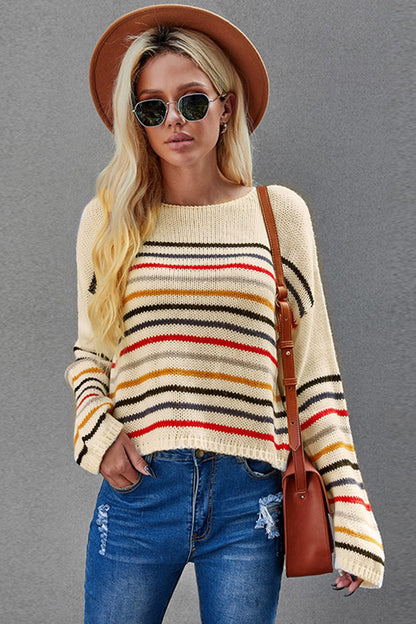 Damen-Langarm-Pullover, Gestreiftes Polyester, Lässige Passform-6