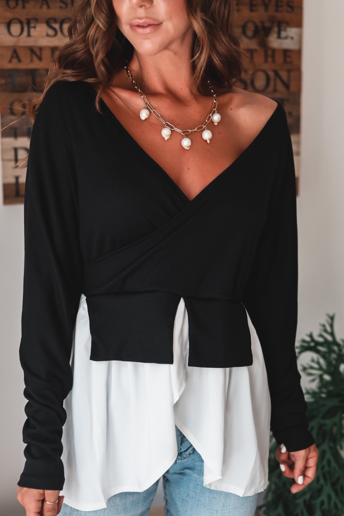 Asymmetrisches Top mit V-Ausschnitt für Damen aus Polyester – trendiges Party-Top mit Patchwork-Design, langärmelig 6