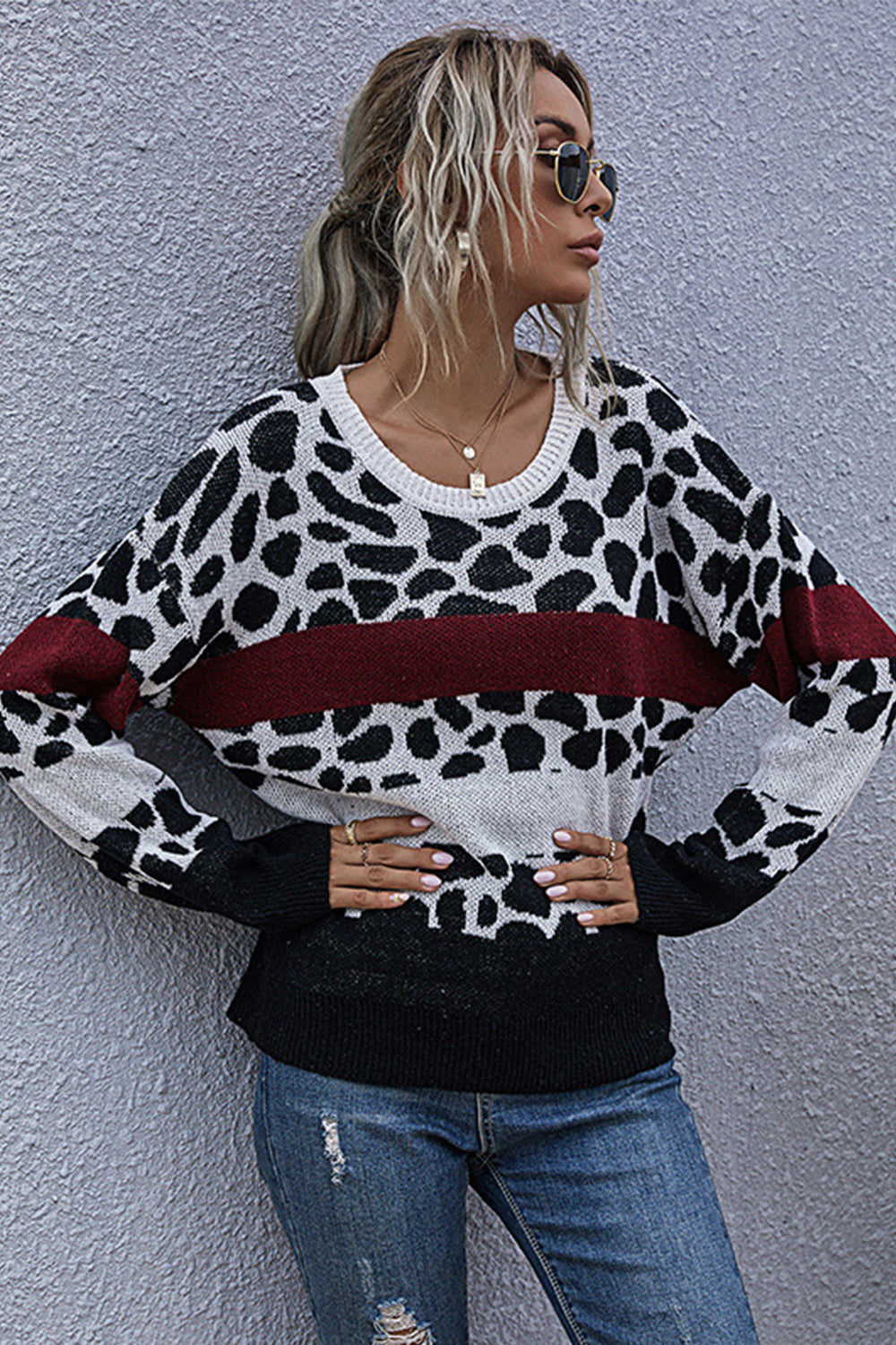 Damen-Pullover, Slim-Fit kurze Ärmel, Polyester, Leopardenmuster-2
