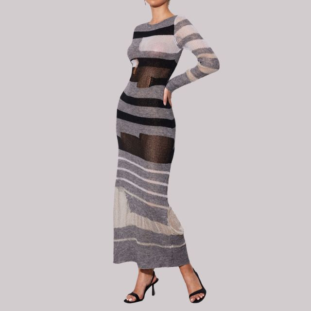 Damen-Maxikleid Streifenmuster 100% Polyester Hohe Taille-3