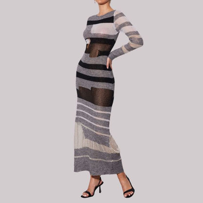 Damen-Maxikleid Streifenmuster 100% Polyester Hohe Taille-3