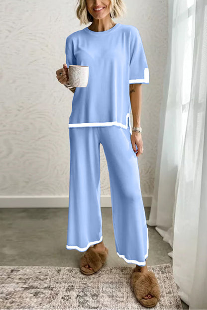 Damen-Loungewear-Set, Kurzarmes Top, Breites Bein, Hose, Baumwolle, Polyester-6
