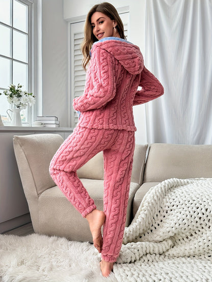 Damen-Pyjama-Set, Fleece mit Kapuze und Hose, Jacquard-Design-2