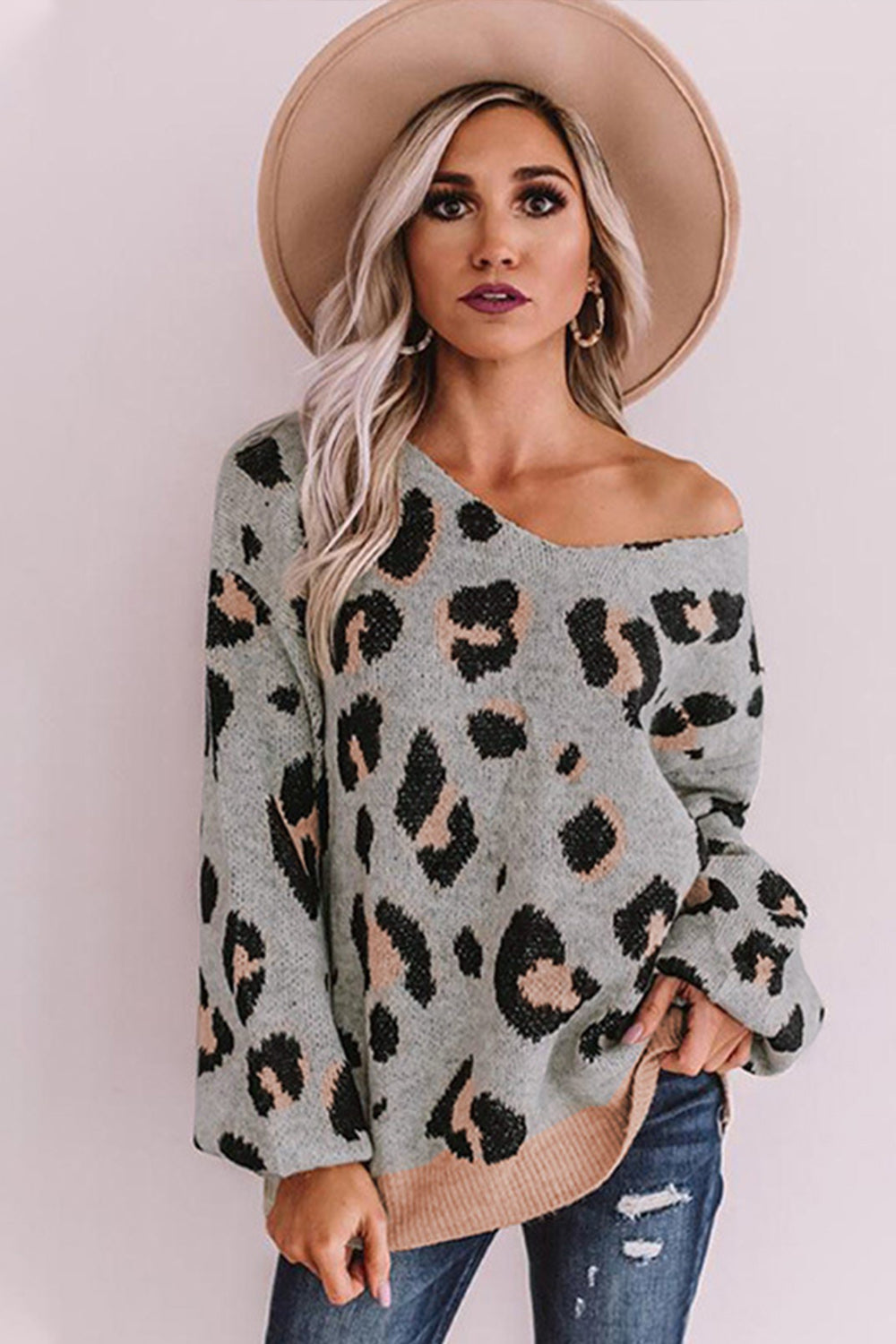 Damen-Pullover, Eine Schulter, Leopardenmuster, Polyester, lange Ärmel-3