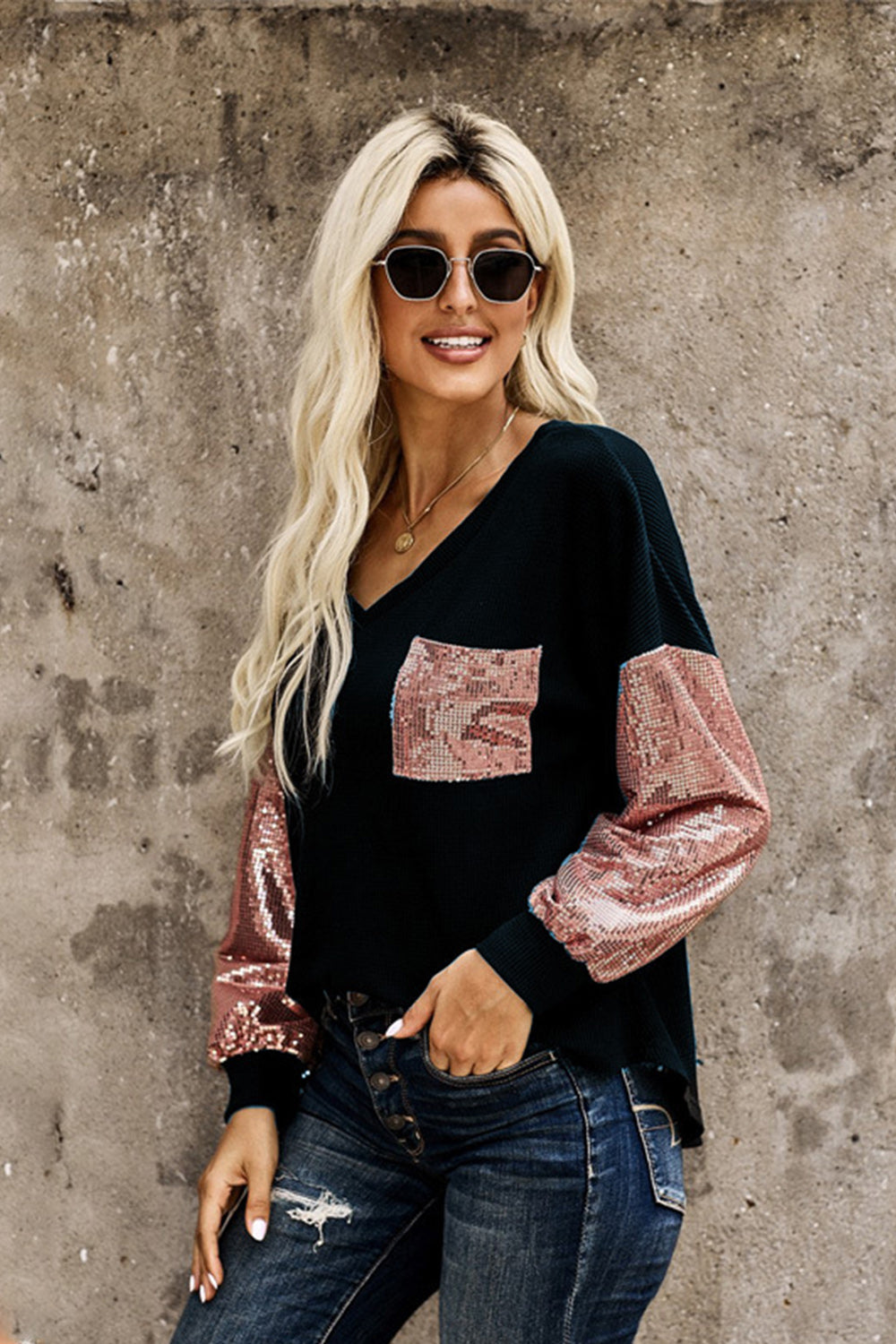 Damen-Strickpullover, mit V-Ausschnitt und bestickten Pailletten aus weichem Polyester 5