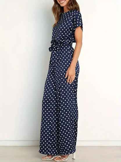 Damen-Jumpsuit Gepunktet Marineblau V-Ausschnitt Leichter Stoff-3