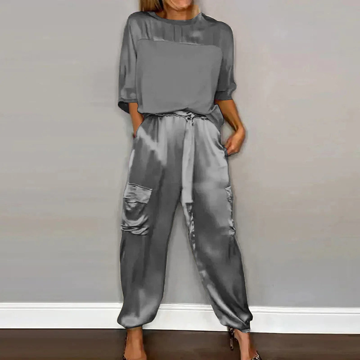 Damen-Loungewear-Set, elegantes zweiteiliges Set aus Satin mit lässiger Passform-6