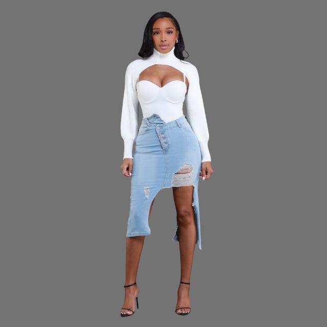 Damen-Jeansrock Gewellter Seitenstreifen Hochwertiges Jeansmaterial-1