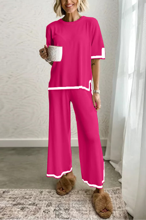 Variant image for Damen-Loungewear-Set, Kurzarmes Top, Breites Bein, Hose, Baumwolle, Polyester-21