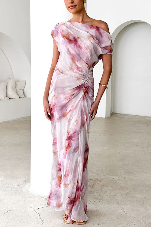 Maxikleid Damen Asymmetrisch Ein-Schulter Rüschen Baumwolle Polyester-2