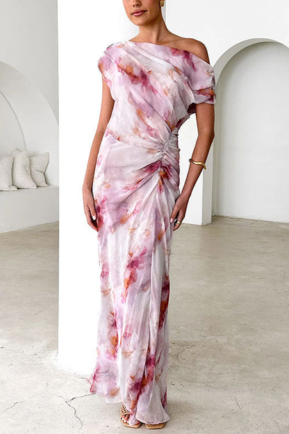 Maxikleid Damen Asymmetrisch Ein-Schulter Rüschen Baumwolle Polyester-2