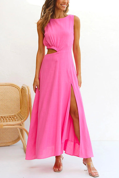 Damen-Maxikleid, ausgeschnittene Taille, hoher Schlitz, Baumwollmischung-3