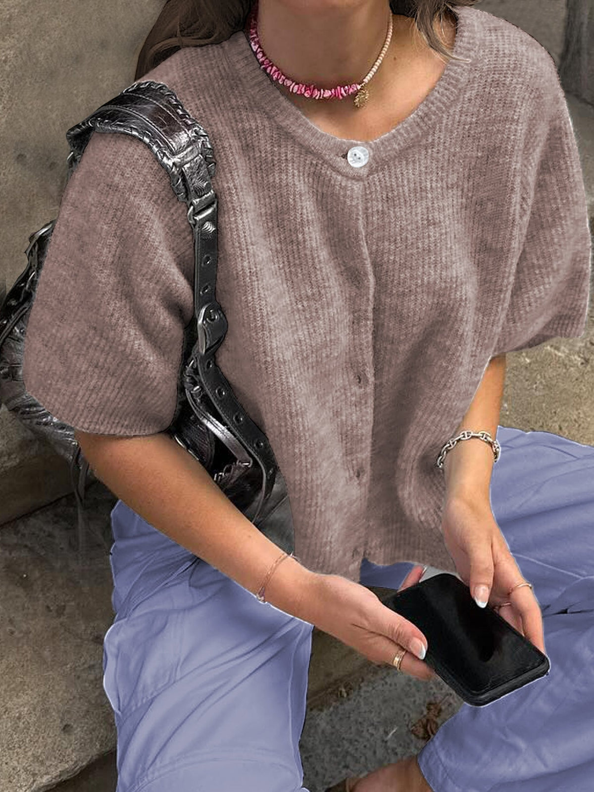 Damen-kurzärmeliger Strickpullover, mehrfarbiges Acryl, Nylon, Polyester 14