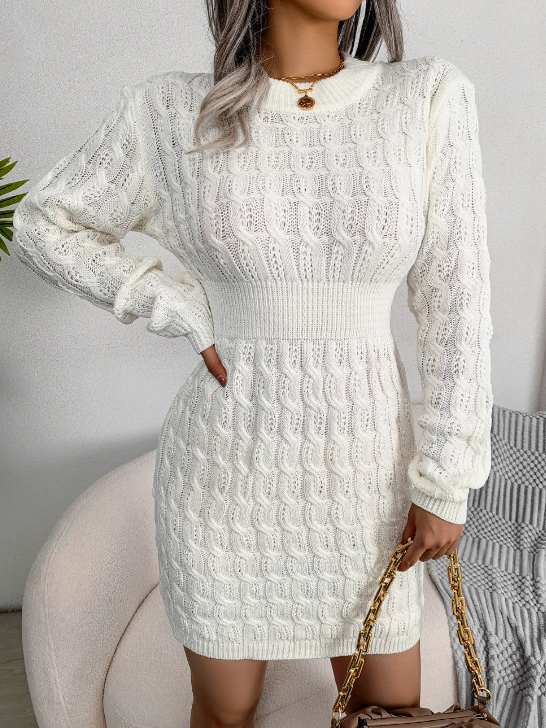 Damen-Wickel-Strickkleid, Herbststil-4