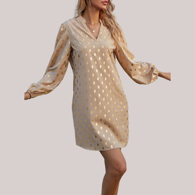 Damen-Shiftkleid, weiches Punktmuster, langarm, Stoff-5