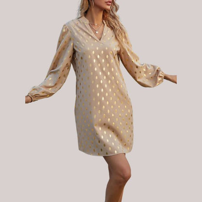 Damen-Shiftkleid, weiches Punktmuster, langarm, Stoff-5