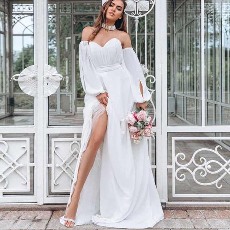 Maxikleid A-Linie Chiffon Damen mit V-Ausschnitt und Laternenärmel für Fest und Hochzeit-3