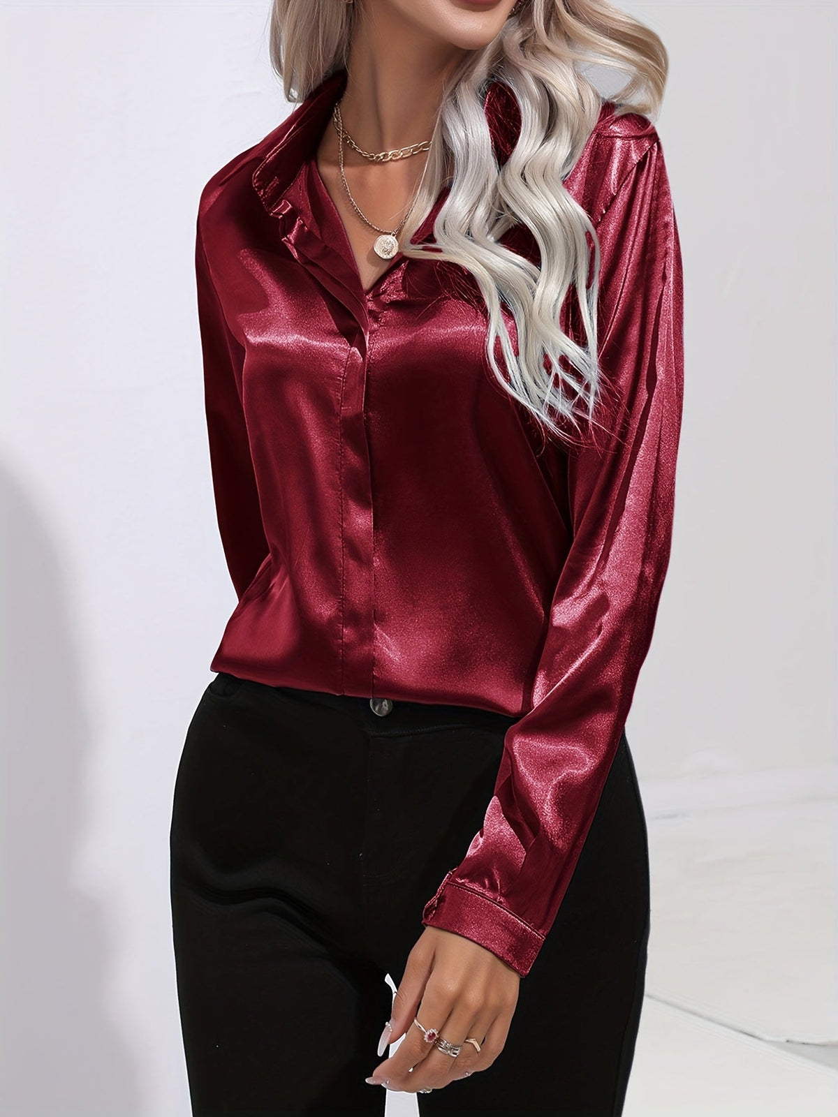 Variant image for Damen-Satinbluse, elegant, Herbststil, weiche Satinmischung-16