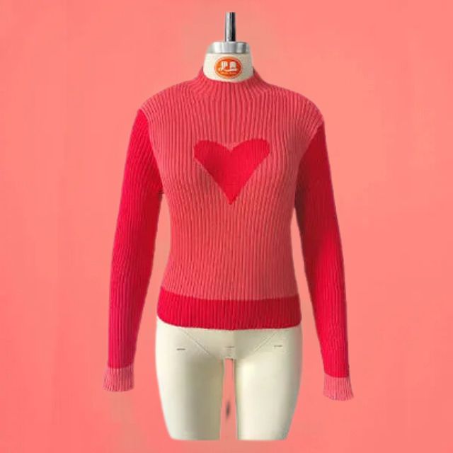 Damen-gerippter Strickpullover, Herzdesign, Acryl-6