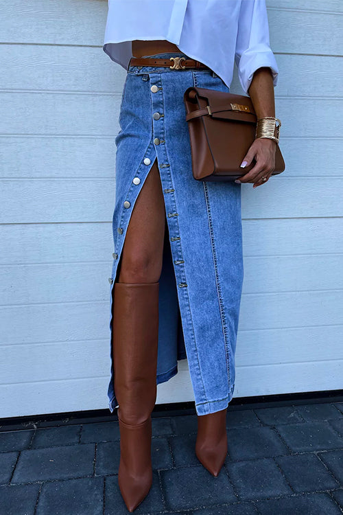 Damen-Jeansrock, hohe Taille, Schlitz, Baumwollmischung-4