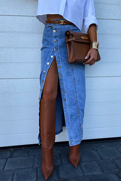 Damen-Jeansrock, hohe Taille, Schlitz, Baumwollmischung-4