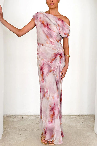 Maxikleid Damen Asymmetrisch Ein-Schulter Rüschen Baumwolle Polyester-3