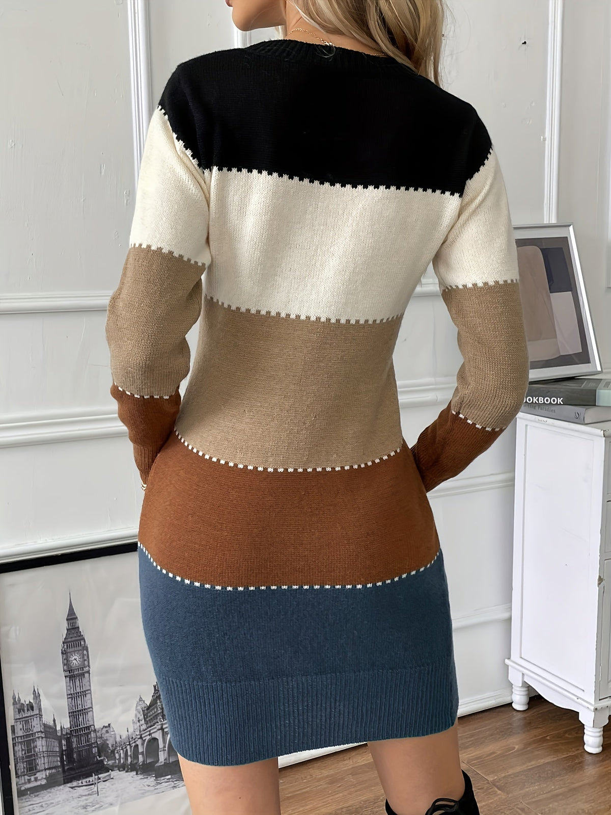 Damen-Kleid, langärmelig, Farbblock, Design, hochwertig, Stoff-3