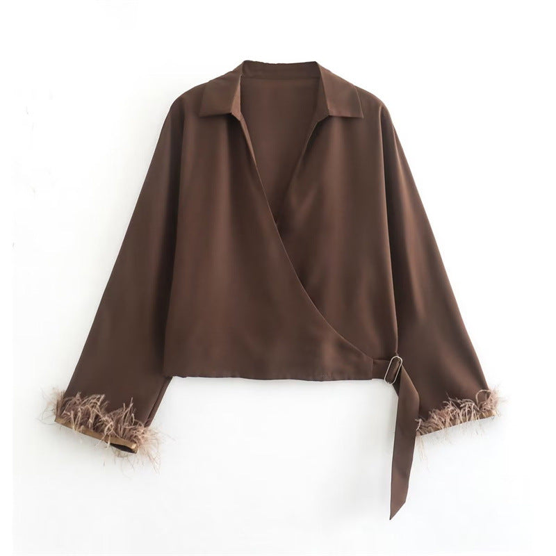 Damen-Strickpullover, langärmelig, Polyester mit Federdetail-6