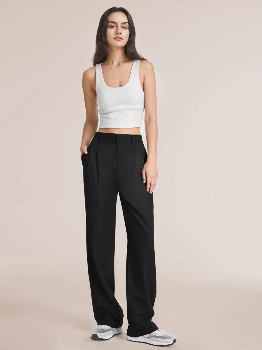 Damen-Hose, hohe Taille, weites Bein, Spandex-4