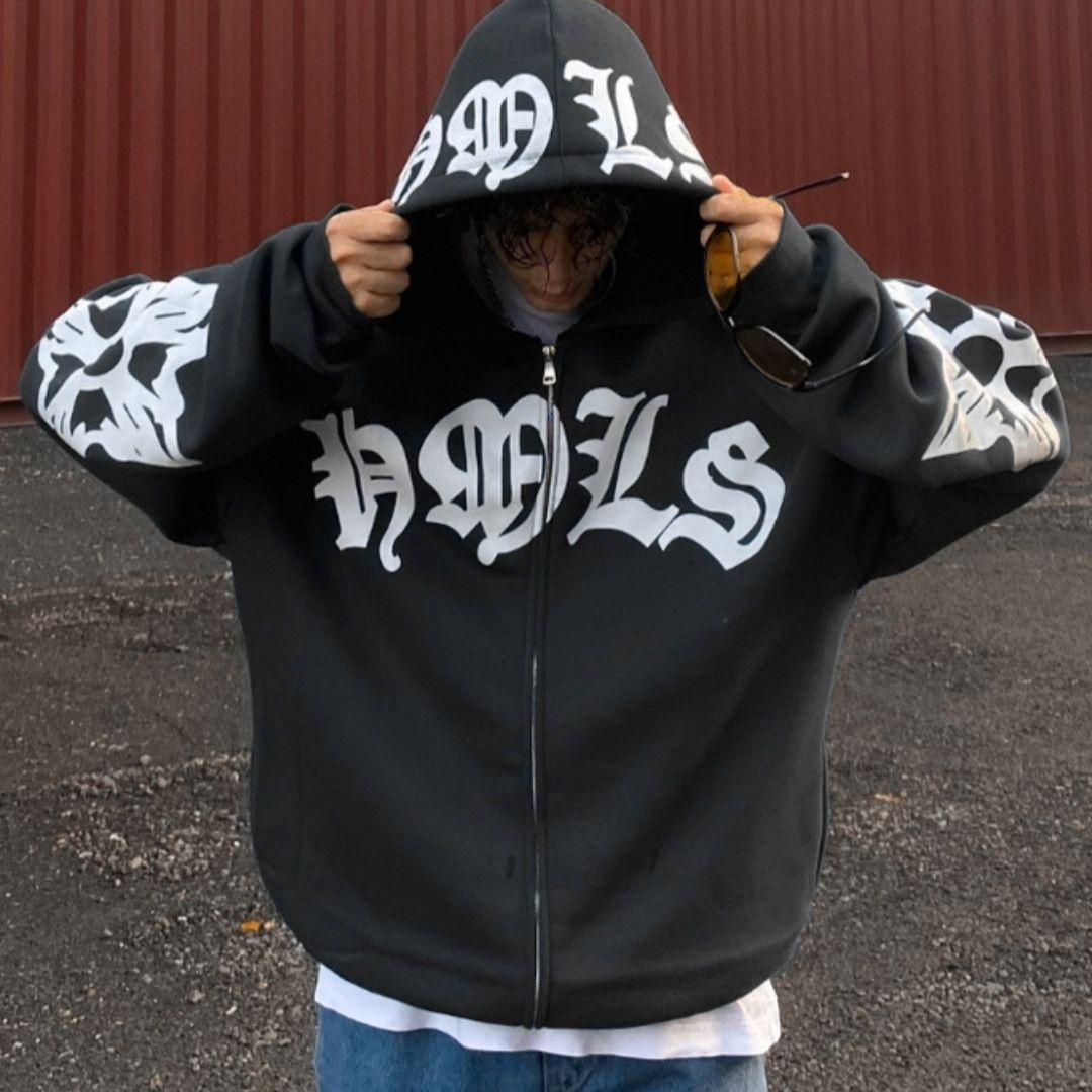 Variant image for Herren-Kapuzenpullover, gotisch, weiche Baumwolle, mit Totenkopf-Print-1