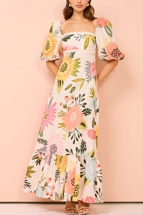 Maxikleid Damen Eckiger Ausschnitt Blumenmuster Baumwoll-Leinen-2