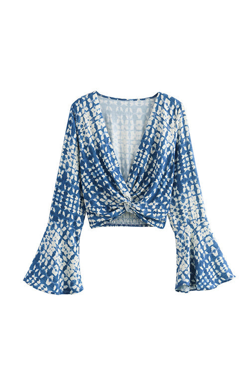 Variant image for Damen V-Ausschnitt Ernte-Top mit Glockenärmeln und Twist-Front aus Baumwolle und Polyester-1