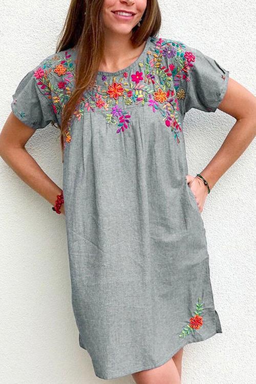 Damen-Kleid Blumenmuster Stickerei Baumwolle Polyester-3