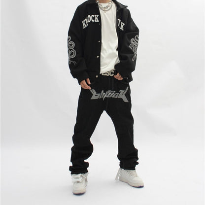 Herren-Jeans, schwarz, mit Grafikdruck und besticktes Logo-1