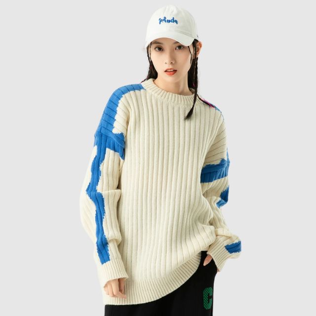 Variant image for Damen-Strickpullover, gerippt mit hohem Kragen und kontrastfarbenen Ärmeln-6