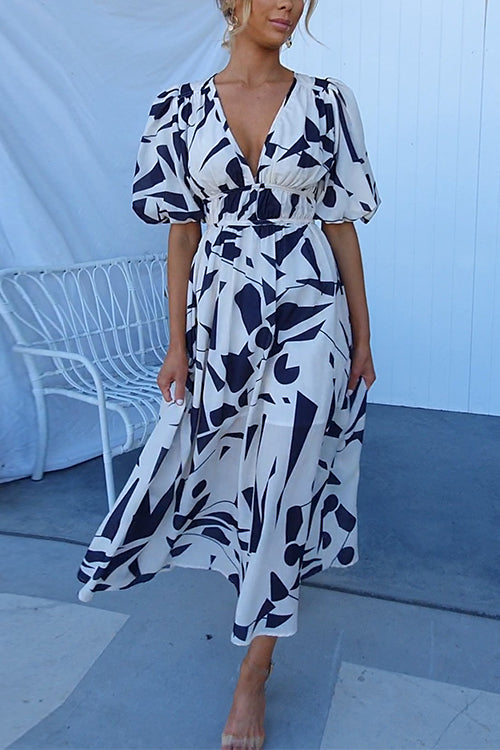 Damen-Maxikleid, V-Ausschnitt, Puffärmel, Baumwolle, Polyester-1