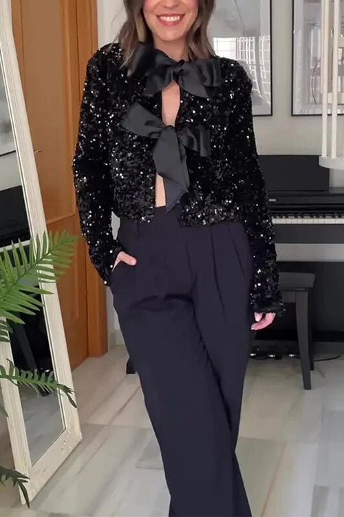 Variant image for Damen Hemd Langarm mit Pailletten und Knotendesign Baumwolle Polyester-5