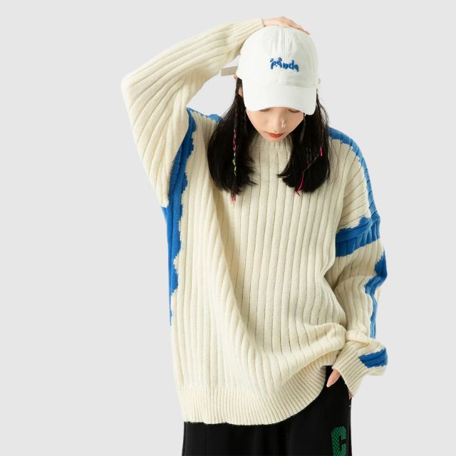 Damen-Strickpullover, gerippt mit hohem Kragen und kontrastfarbenen Ärmeln-4