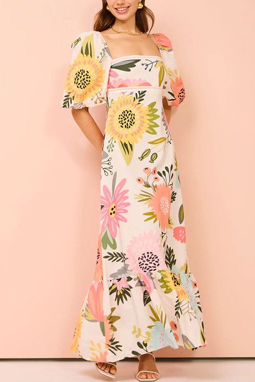 Maxikleid Damen Eckiger Ausschnitt Blumenmuster Baumwoll-Leinen-4