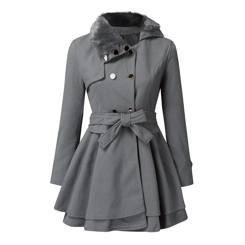 Damen-Trenchcoat, eleganter Schnitt, mit veganem Pelz und verstellbarem Gürtel-6