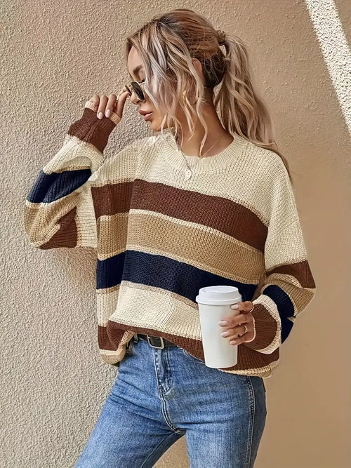 Damen-Strickpullover, Farbblock, runder Ausschnitt, weiche Acrylmischung 1