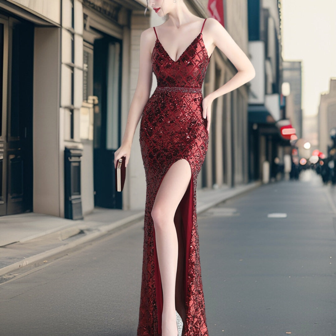 Damen-Abendkleid mit Pailletten und seitlichem Schlitz aus Polyester-5