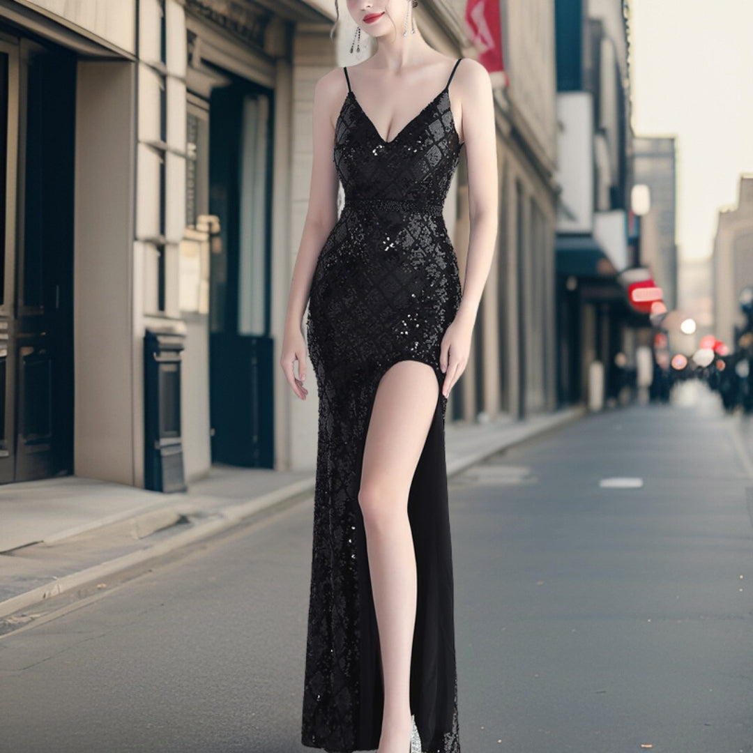 Damen-Abendkleid mit Pailletten und Seitenschlitz aus Polyester-1